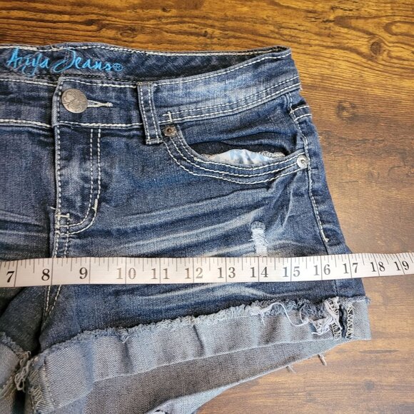 Ariya Shorts Size 5 Low Rise Cuffed Raw Hem Button Flap Thick Stitch Medium Dark - Picture 5 of 8
